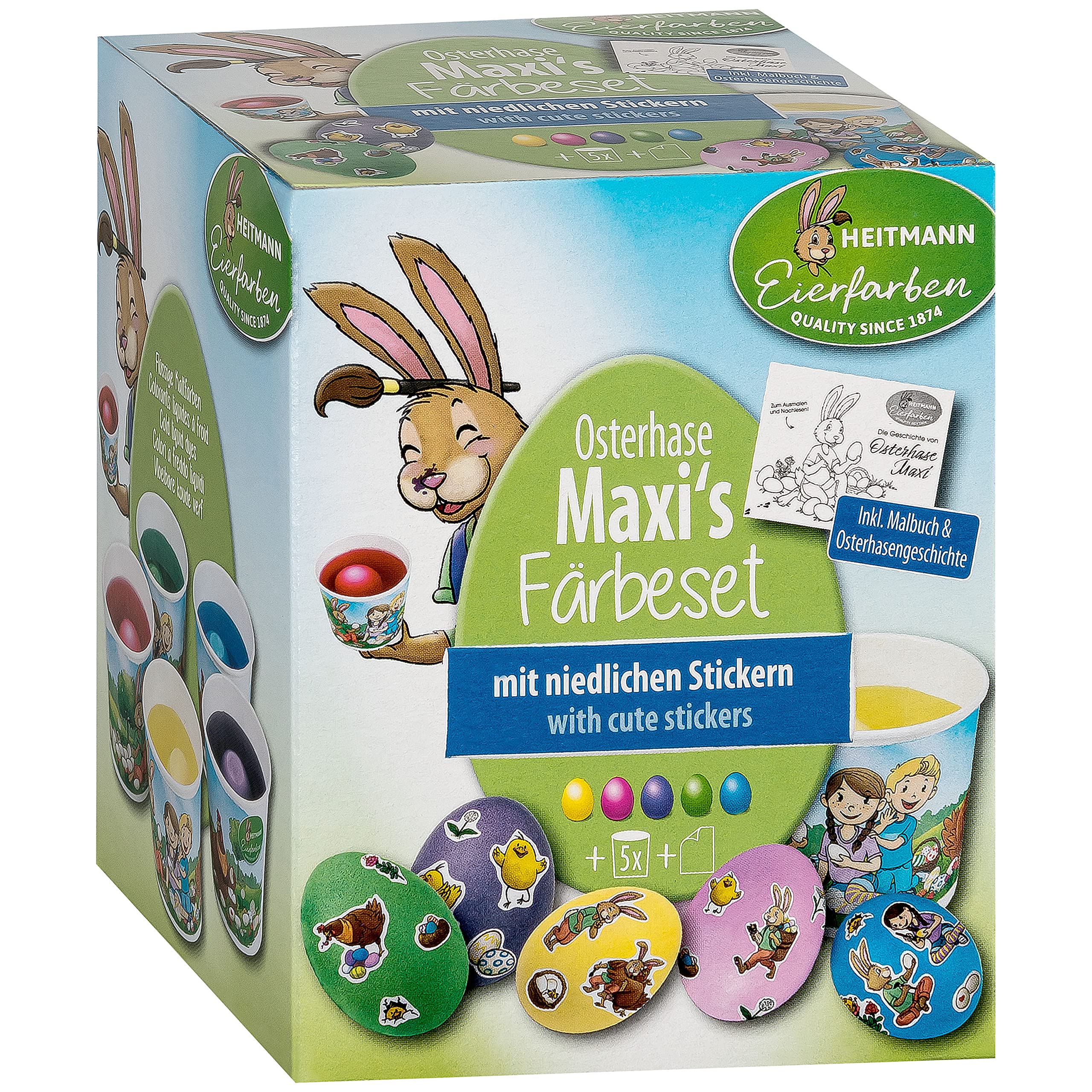 Heitmann Eierfarben Easter Bunny Maxi's Colouring Set - 5 Liquid Egg Colours - Stickers - Cups - Colouring Book