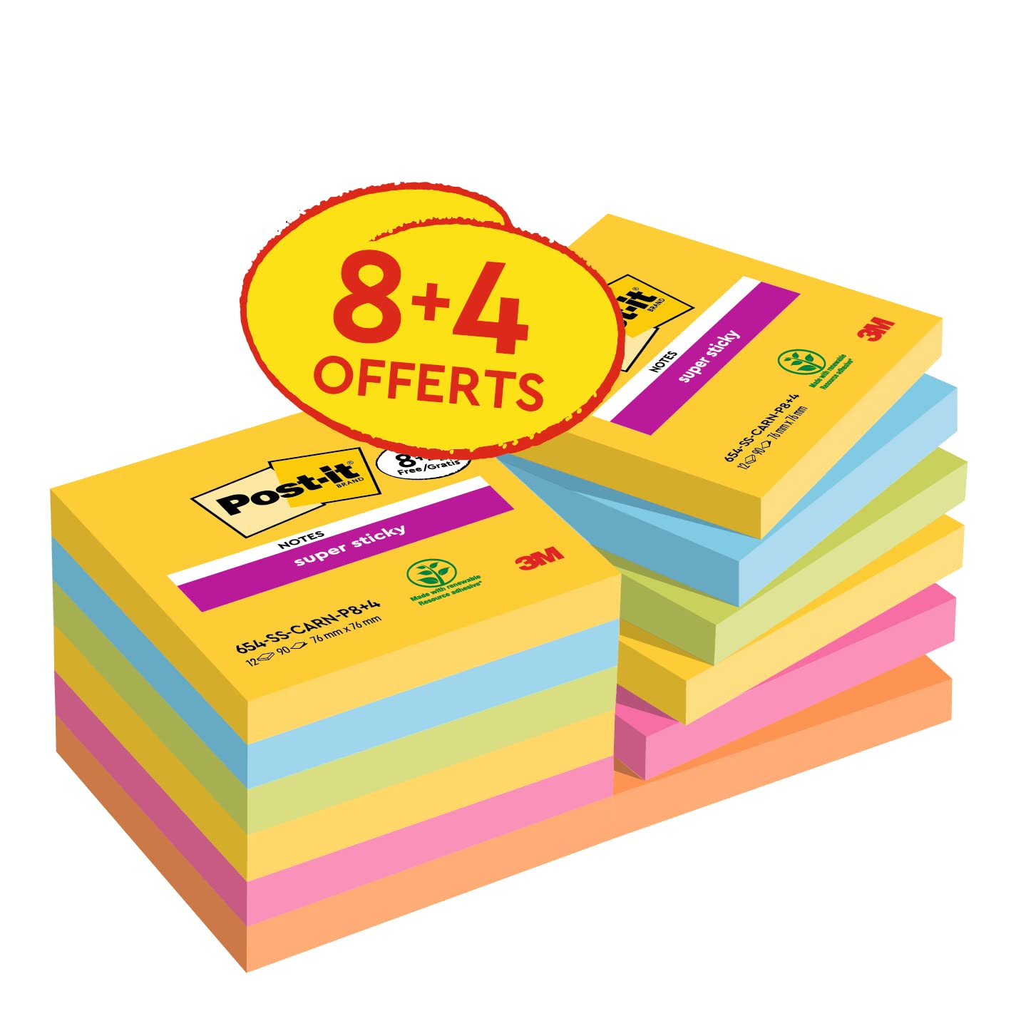 Post-it Super Sticky Notes Carnival Color Collection,Value Pack of 8 + 4 Free Pads, 90 Sheets per Pad, 76 mm x 76 mm, Yellow, Blue. Green, Pink - Extra Sticky Notes For Note Taking & To Do Lists