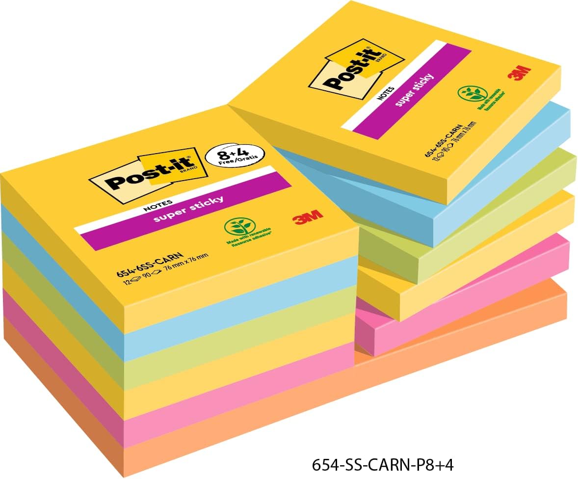 Post-it Super Sticky Notes Carnival Color Collection,Value Pack of 8 + 4 Free Pads, 90 Sheets per Pad, 76 mm x 76 mm, Yellow, Blue. Green, Pink - Extra Sticky Notes For Note Taking & To Do Lists
