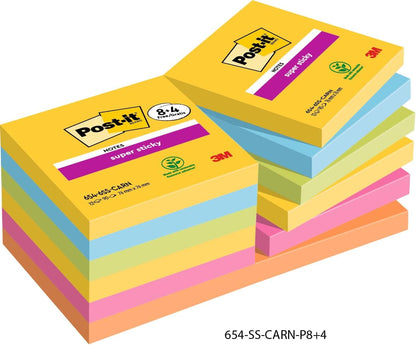 Post-it Super Sticky Notes Carnival Color Collection,Value Pack of 8 + 4 Free Pads, 90 Sheets per Pad, 76 mm x 76 mm, Yellow, Blue. Green, Pink - Extra Sticky Notes For Note Taking & To Do Lists