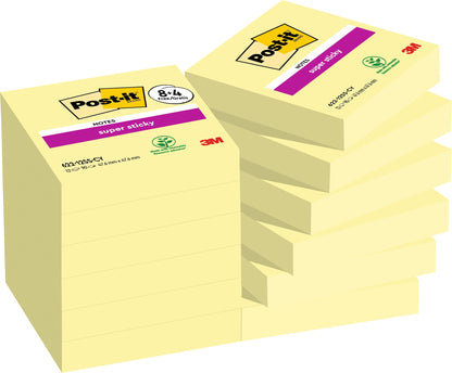 Post-it Super Sticky Notes Canary Yellow, Pack of 8 + 4 FREE Pads, 90 Sheets per Pad, 47.6 mm x 47.6 mm, Yellow Color - Extra Sticky Notes For Note Taking, To Do Lists & Reminders