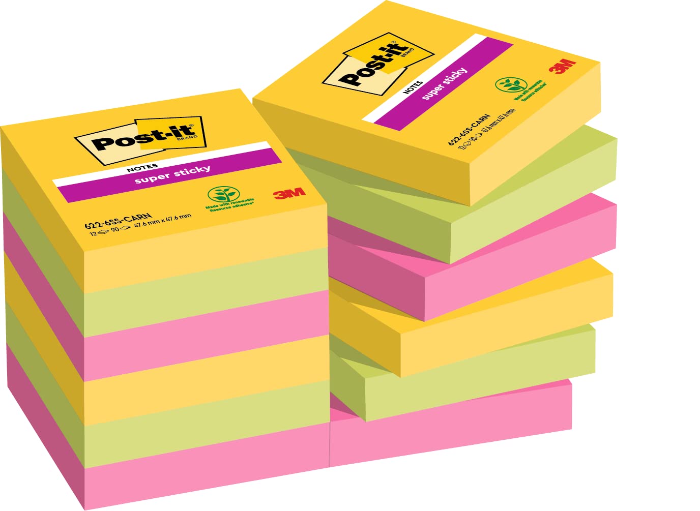 Post-it Super Sticky Notes - 12 Small Pads of 90 Sheets - 47.6 x 47.6mm - Sticky Notes for Desk, Office, School and Memos - Rio de Janeiro Colours