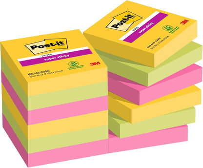 Post-it Super Sticky Notes - 12 Small Pads of 90 Sheets - 47.6 x 47.6mm - Sticky Notes for Desk, Office, School and Memos - Rio de Janeiro Colours