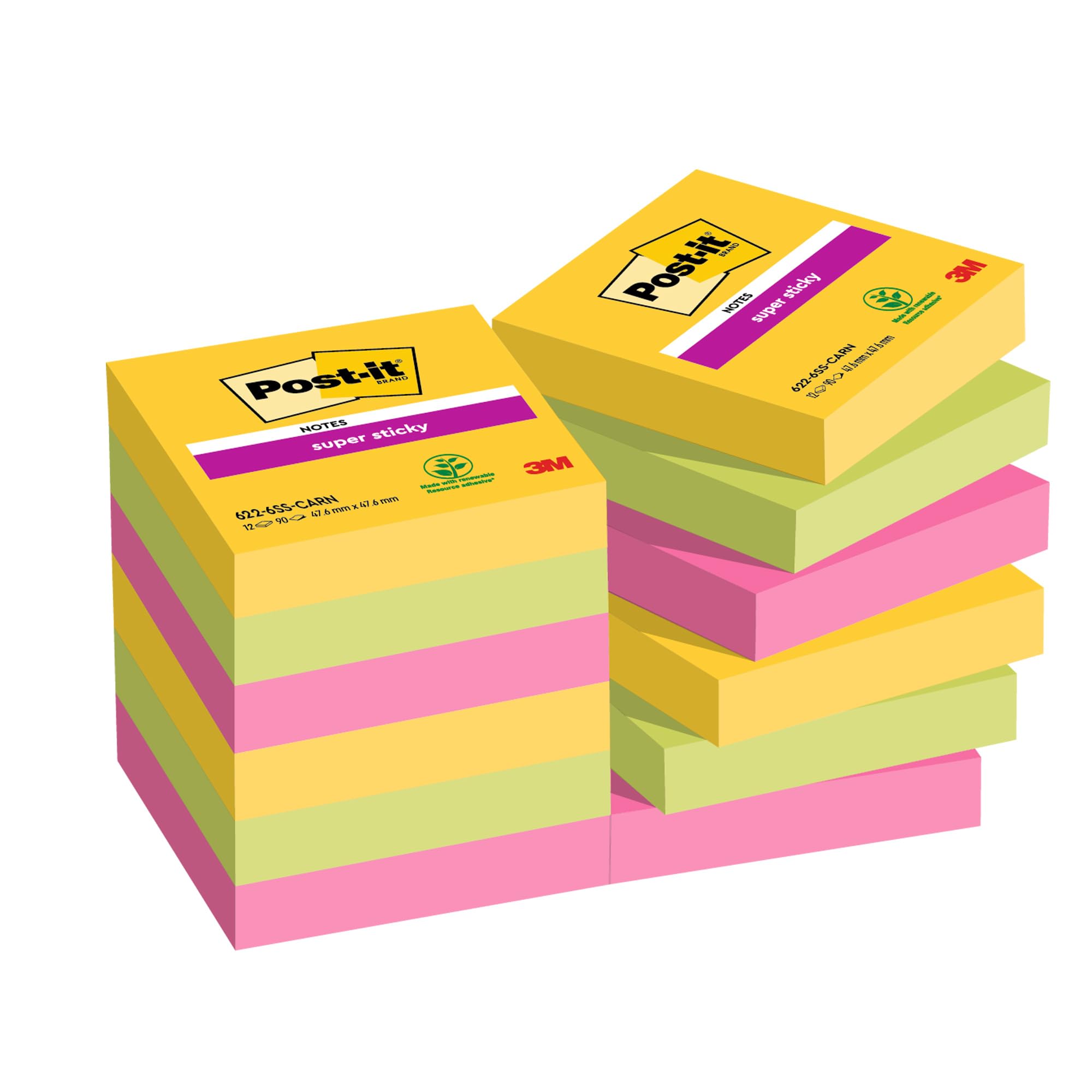 Post-it Super Sticky Notes - 12 Small Pads of 90 Sheets - 47.6 x 47.6mm - Sticky Notes for Desk, Office, School and Memos - Rio de Janeiro Colours