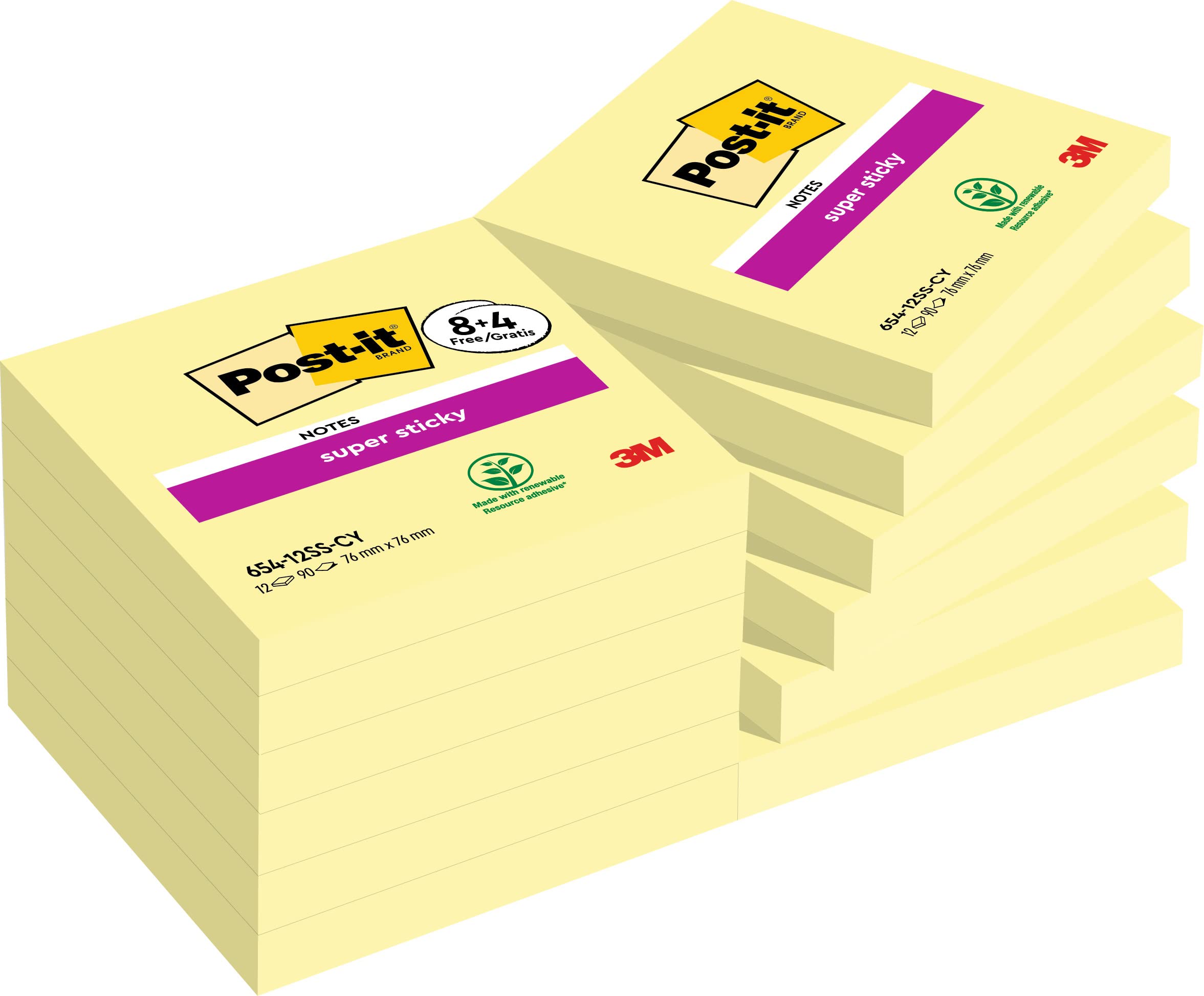 Post-it Super Sticky Notes Canary Yellow, Pack of 8 Pads + 4 FREE, 90 Sheets per Pad, 76 mm x 76 mm, Yellow Color - Extra Sticky Notes For Note Taking, To Do Lists & Reminders