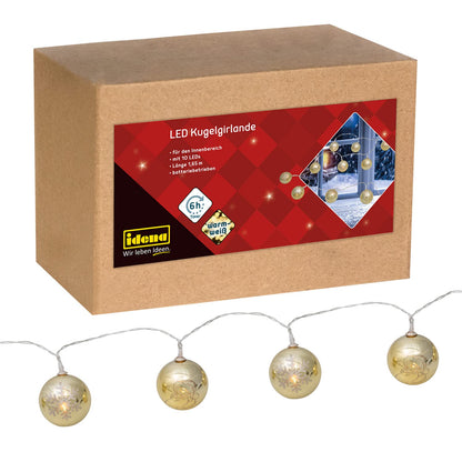 Idena 31267 LED Garland with 10 LEDs in Warm White, Fairy Lights with Golden Christmas Baubles, with 6 Hour Timer Function, Battery Operated, Approx. 1.65 m Long, Indoor Decoration, Christmas