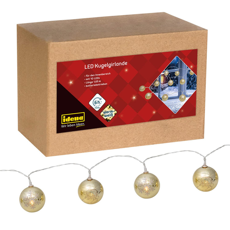 Idena 31267 LED Garland with 10 LEDs in Warm White, Fairy Lights with Golden Christmas Baubles, with 6 Hour Timer Function, Battery Operated, Approx. 1.65 m Long, Indoor Decoration, Christmas