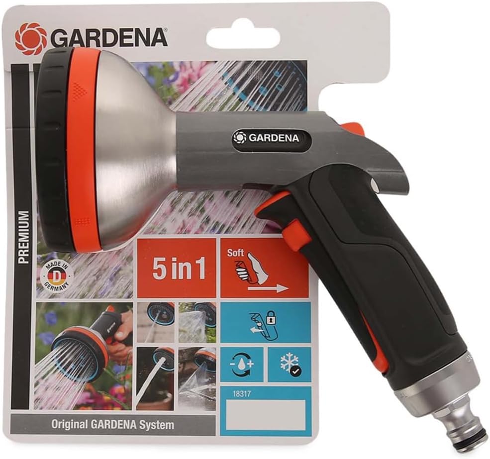 Gardena Premium Multi Sprayer: Garden sprayer for watering and cleaning, five spray patterns, filter, lock, robust, frost protection (18317-20