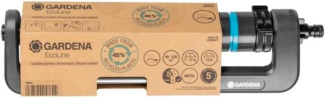 GARDENA EcoLine rectangular sprinkler: Lawn sprinkler for watering areas from 90 to 220 m², reach of 7 to 17 m, spray spread of up to 13 m, made from recycled material (18920-20) 90 m² - max. 220 m² - EcoLine