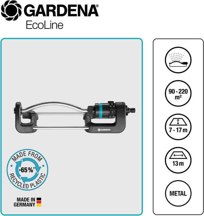 GARDENA EcoLine rectangular sprinkler: Lawn sprinkler for watering areas from 90 to 220 m², reach of 7 to 17 m, spray spread of up to 13 m, made from recycled material (18920-20) 90 m² - max. 220 m² - EcoLine