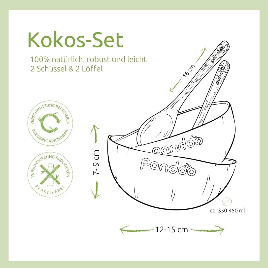 pandoo Coconut Bowls with Spoons Set of 2 – 100 % Natural Product – Plastic-Free Alternative – Handmade and Polished with Coconut Oil