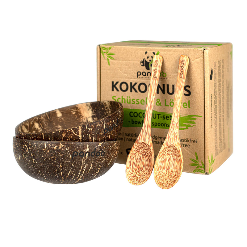 pandoo Coconut Bowls with Spoons Set of 2 – 100 % Natural Product – Plastic-Free Alternative – Handmade and Polished with Coconut Oil