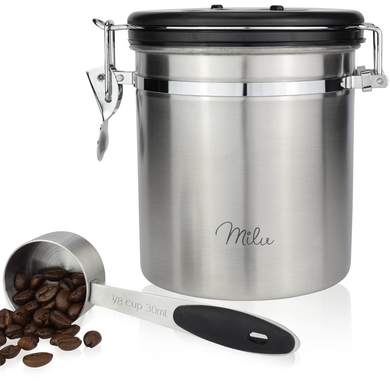 Milu Airtight Coffee Canister | 500 g, 700 g | Coffee Bean Container Stainless Steel Storage Jars Vacuum Coffee Box with Coffee Spoon (Stainless Steel, 500 g) Stainlesssteel 500 g
