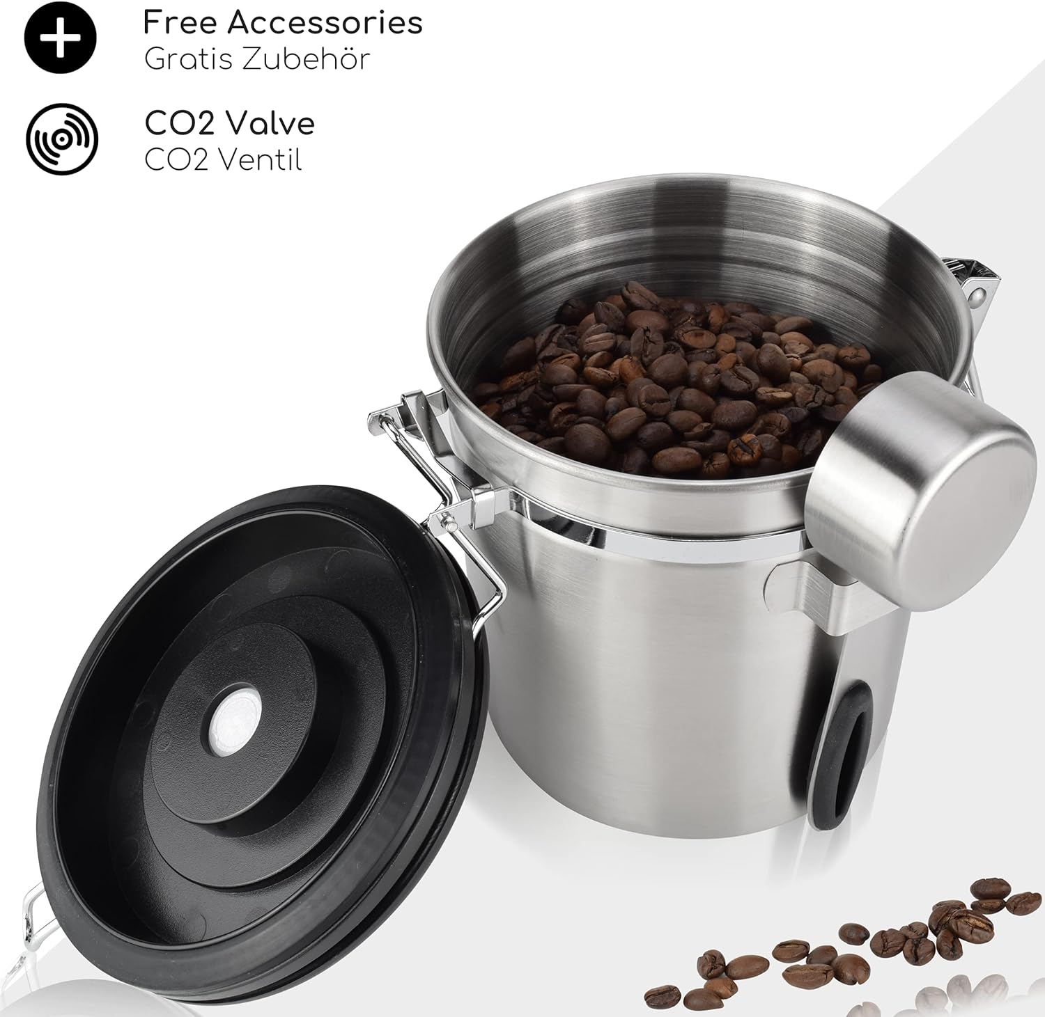 Milu Airtight Coffee Canister | 500 g, 700 g | Coffee Bean Container Stainless Steel Storage Jars Vacuum Coffee Box with Coffee Spoon (Stainless Steel, 500 g) Stainlesssteel 500 g