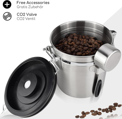 Milu Airtight Coffee Canister | 500 g, 700 g | Coffee Bean Container Stainless Steel Storage Jars Vacuum Coffee Box with Coffee Spoon (Stainless Steel, 500 g) Stainlesssteel 500 g