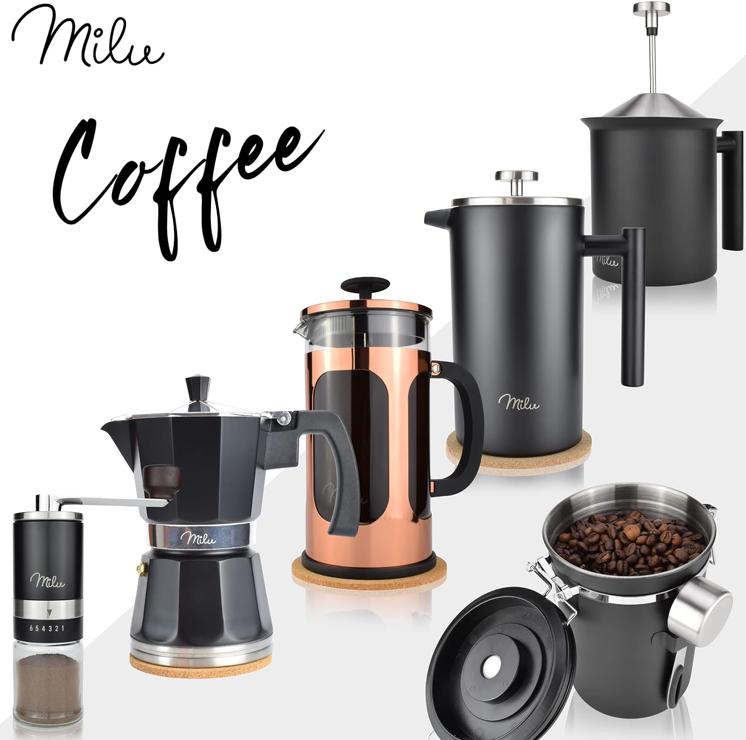 Milu Airtight Coffee Canister | 500 g, 700 g | Coffee Bean Container Stainless Steel Storage Jars Vacuum Coffee Box with Coffee Spoon (Stainless Steel, 500 g) Stainlesssteel 500 g