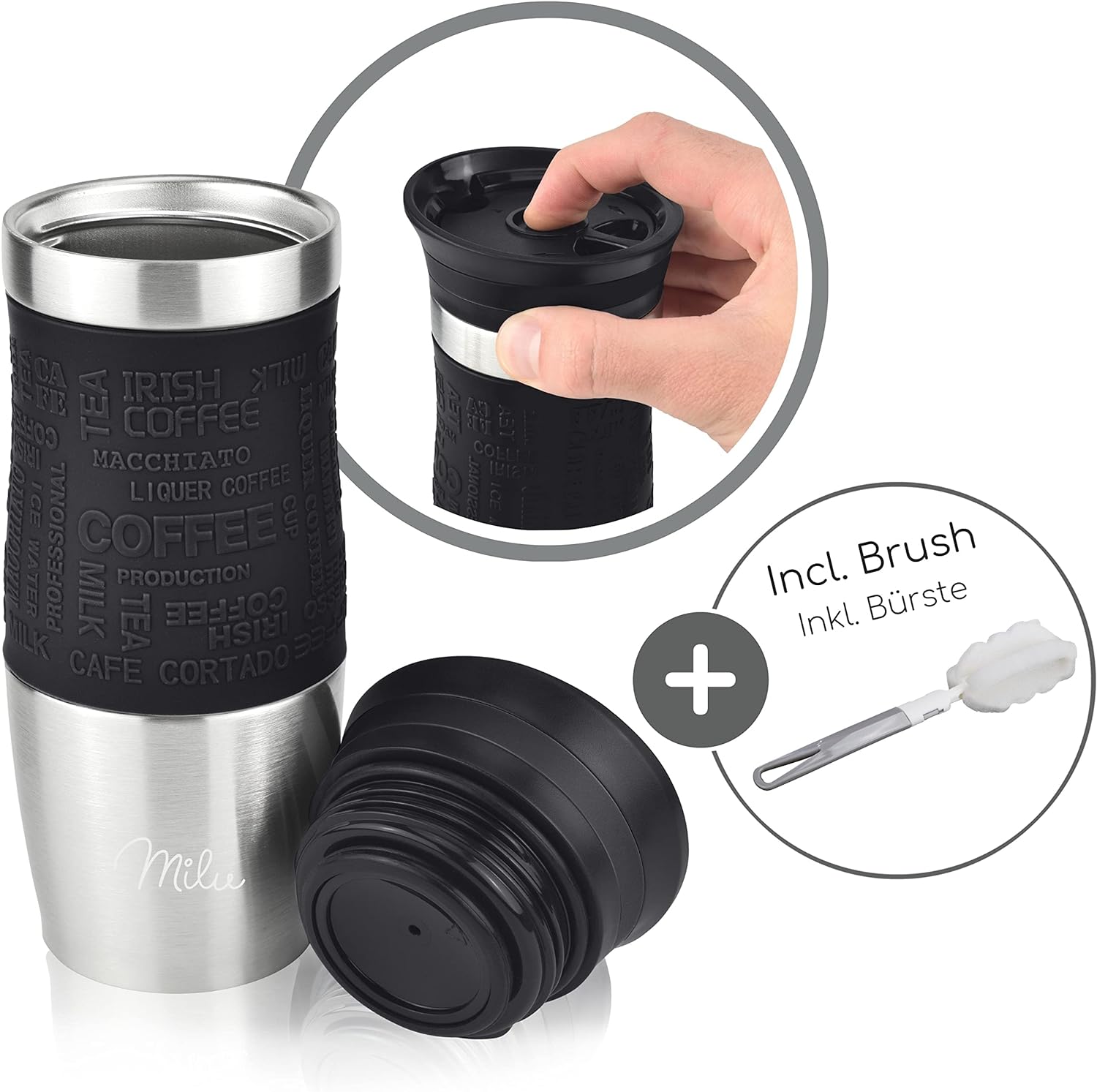 Milu Thermo Mug 370ml 450ml Insulated Mug Coffee Mug to go - 100% Leak Proof - Stainless Steel Drinking Mug - Car Mug Double Wall Insulation - Thermo Mug - Travel Mug - (Black, 370ml