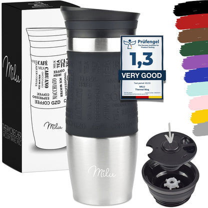 Milu Thermo Mug 370ml 450ml Insulated Mug Coffee Mug to go - 100% Leak Proof - Stainless Steel Drinking Mug - Car Mug Double Wall Insulation - Thermo Mug - Travel Mug - (Black, 370ml
