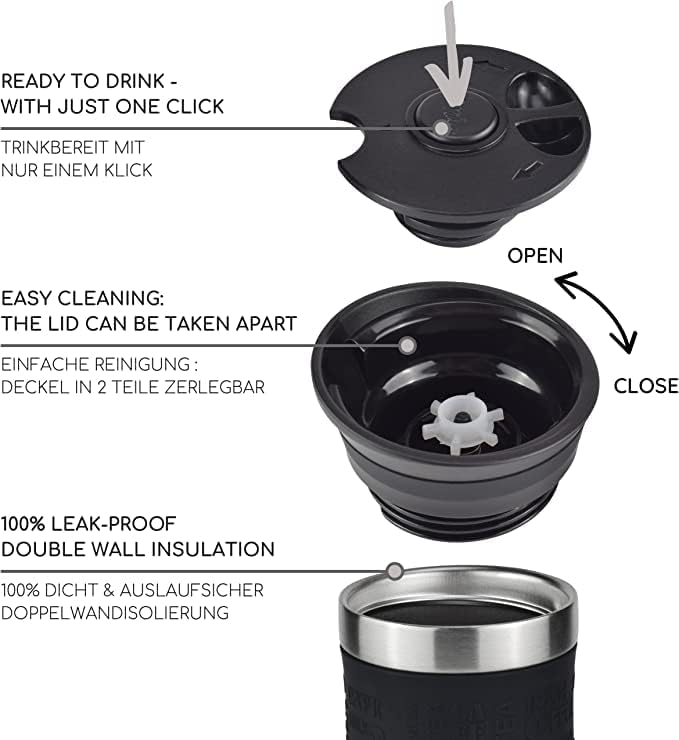 Milu Thermo Mug 370ml 450ml Insulated Mug Coffee Mug to go - 100% Leak Proof - Stainless Steel Drinking Mug - Car Mug Double Wall Insulation - Thermo Mug - Travel Mug - (Black, 370ml