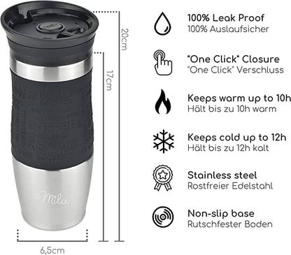Milu Thermo Mug 370ml 450ml Insulated Mug Coffee Mug to go - 100% Leak Proof - Stainless Steel Drinking Mug - Car Mug Double Wall Insulation - Thermo Mug - Travel Mug - (Black, 370ml