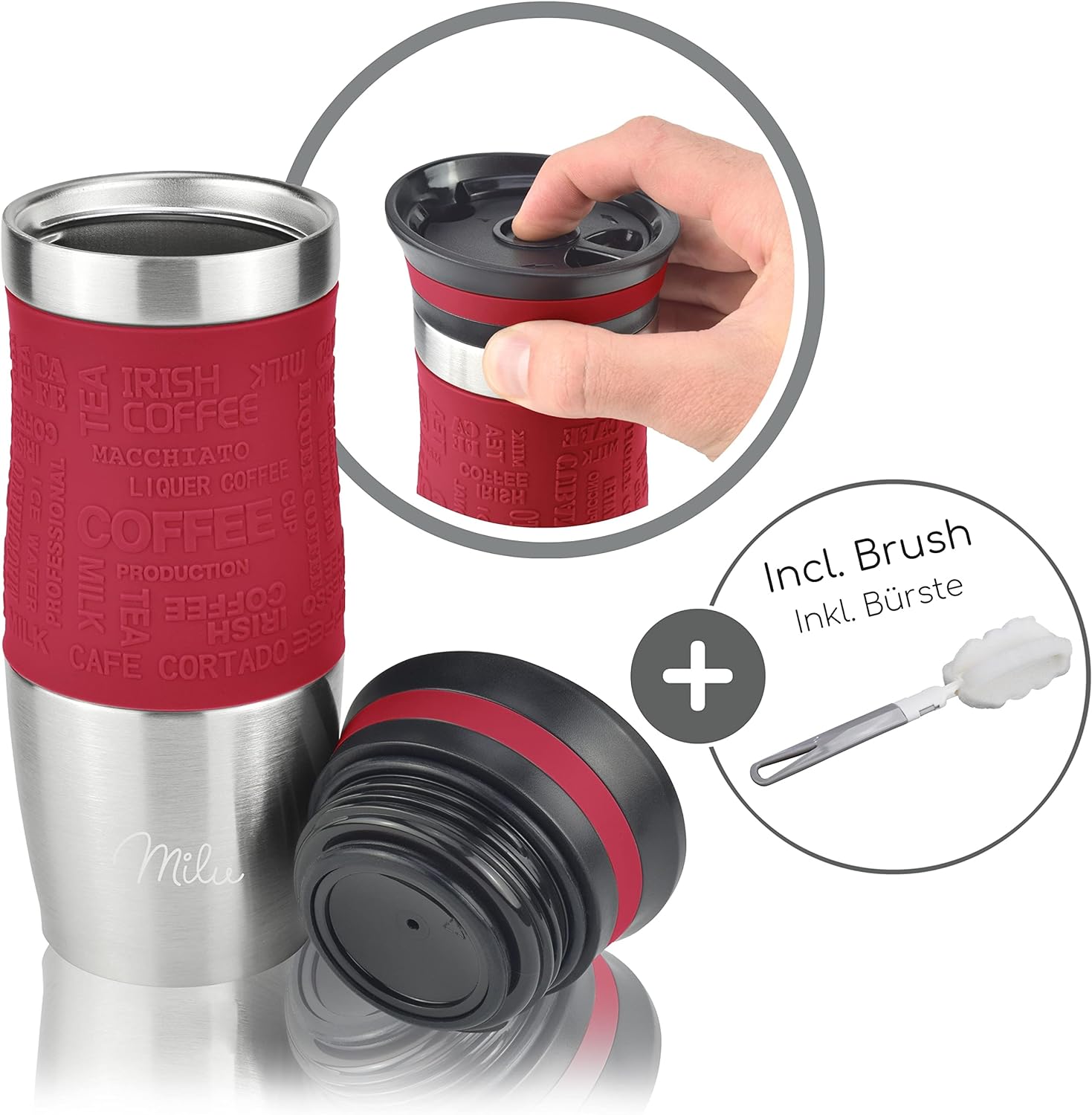 Milu Thermo Mug 370ml 450ml Insulated Mug Coffee Mug to go - 100% Leak Proof - Stainless Steel Drinking Mug - Car Mug Double Wall Insulation - Thermo Mug - Travel Mug - (Red, 370ml