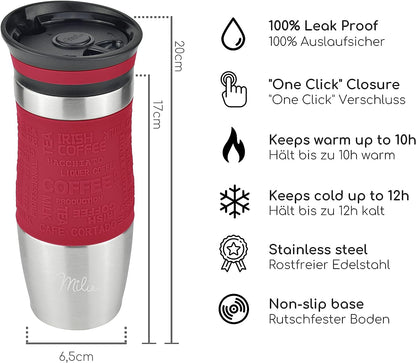 Milu Thermo Mug 370ml 450ml Insulated Mug Coffee Mug to go - 100% Leak Proof - Stainless Steel Drinking Mug - Car Mug Double Wall Insulation - Thermo Mug - Travel Mug - (Red, 370ml