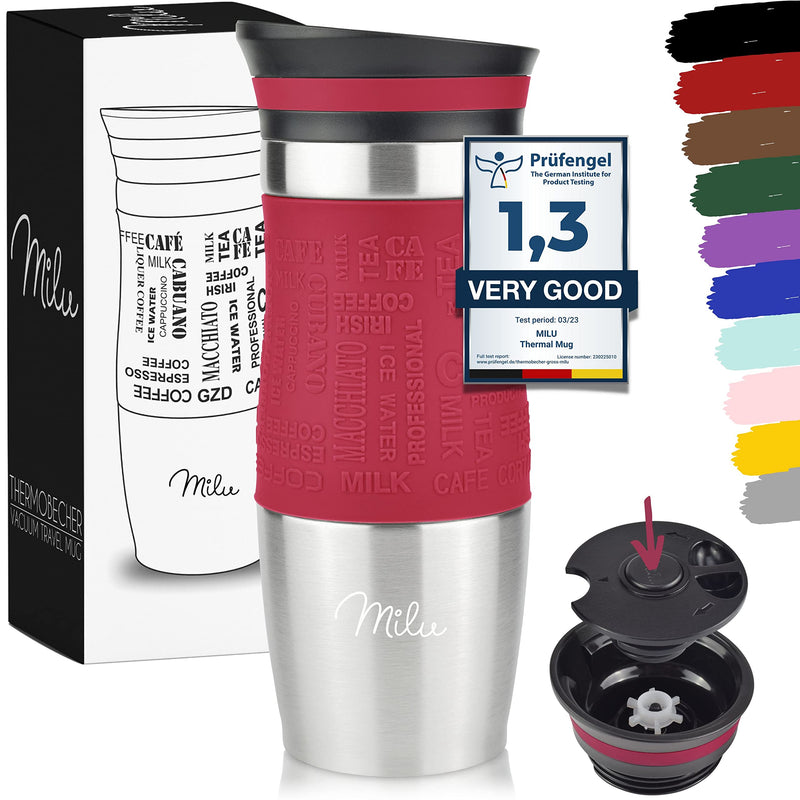 Milu Thermo Mug 370ml 450ml Insulated Mug Coffee Mug to go - 100% Leak Proof - Stainless Steel Drinking Mug - Car Mug Double Wall Insulation - Thermo Mug - Travel Mug - (Red, 370ml