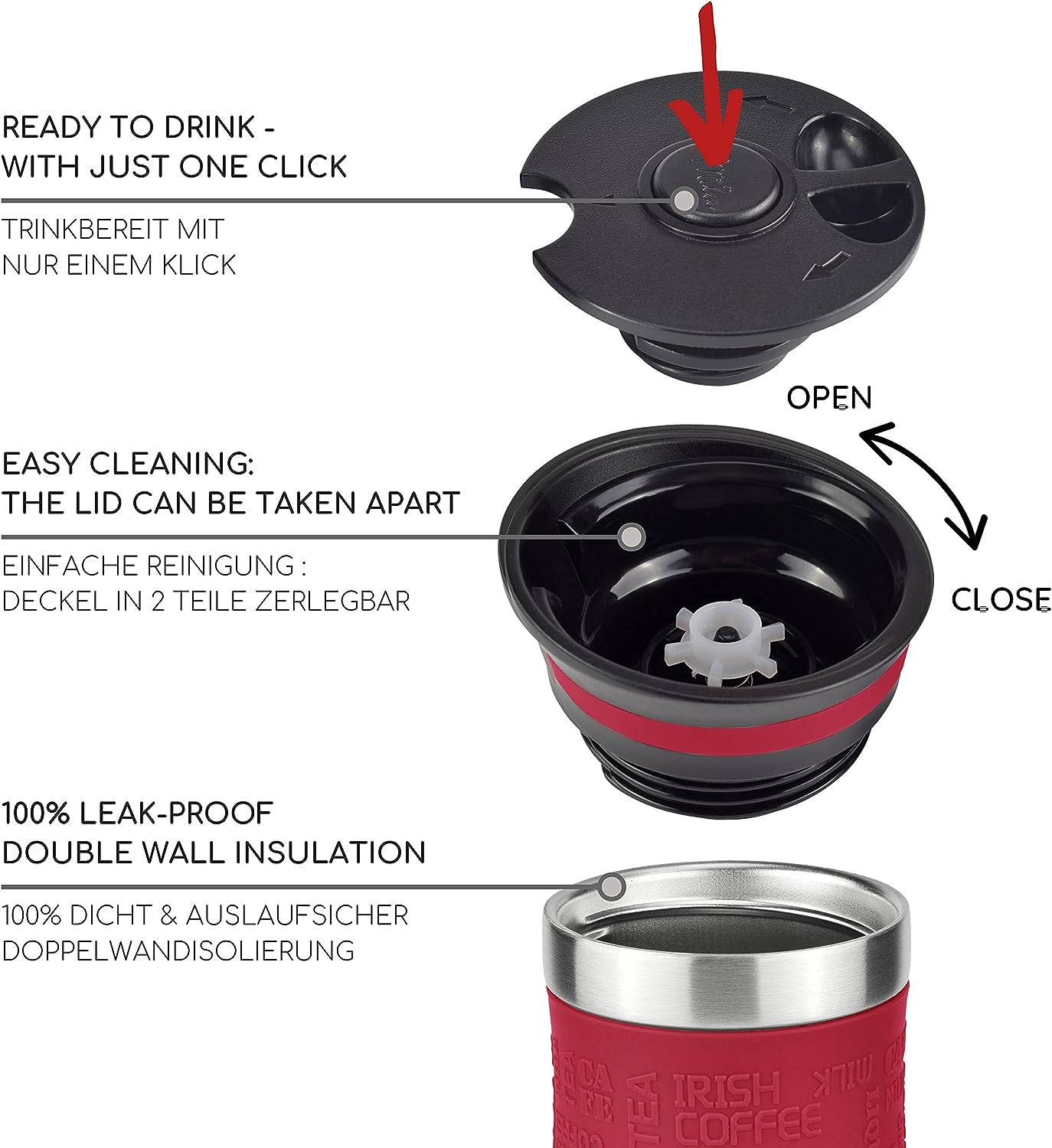 Milu Thermo Mug 370ml 450ml Insulated Mug Coffee Mug to go - 100% Leak Proof - Stainless Steel Drinking Mug - Car Mug Double Wall Insulation - Thermo Mug - Travel Mug - (Red, 370ml