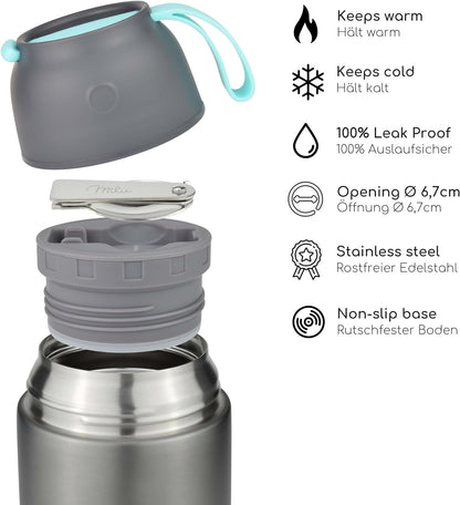 Milu® Thermo Food Flask - 300, 440, 450, 650, 800ml - Stainless Steel Insulated Container - Lunchbox - Jar with Spoon for hot and Cold Food (Grey, 450ml) Grey 450 ml