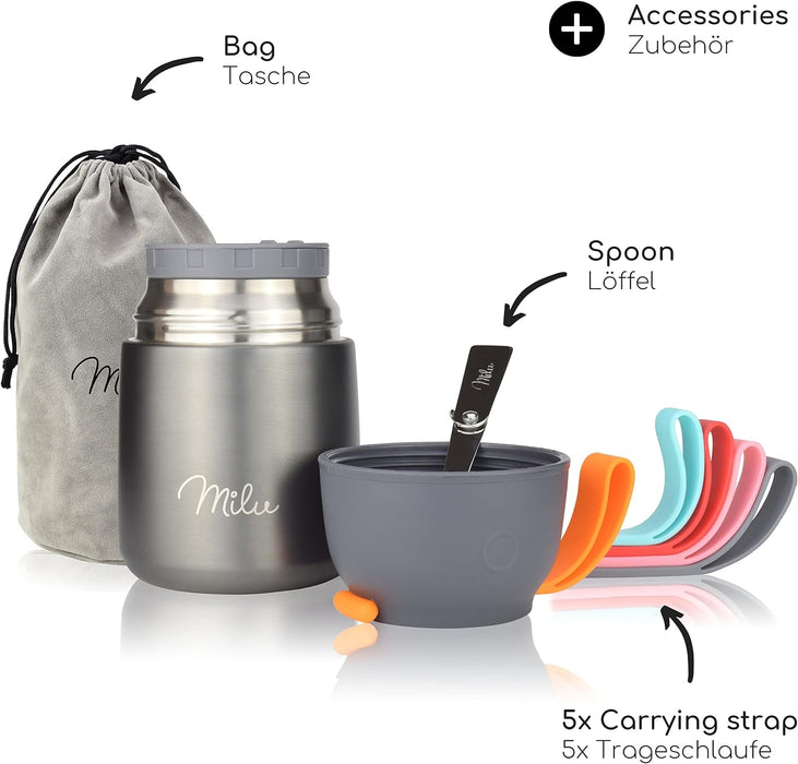Milu® Thermo Food Flask - 300, 440, 450, 650, 800ml - Stainless Steel Insulated Container - Lunchbox - Jar with Spoon for hot and Cold Food (Grey, 450ml) Grey 450 ml