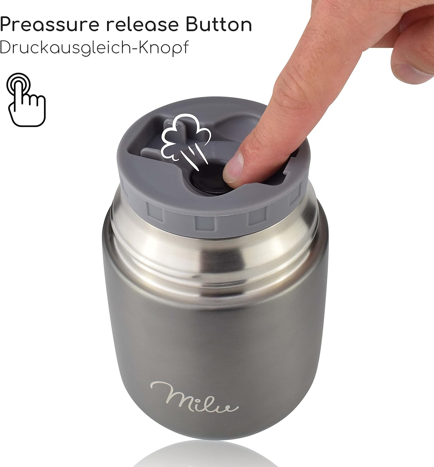 Milu® Thermo Food Flask - 300, 440, 450, 650, 800ml - Stainless Steel Insulated Container - Lunchbox - Jar with Spoon for hot and Cold Food (Grey, 450ml) Grey 450 ml