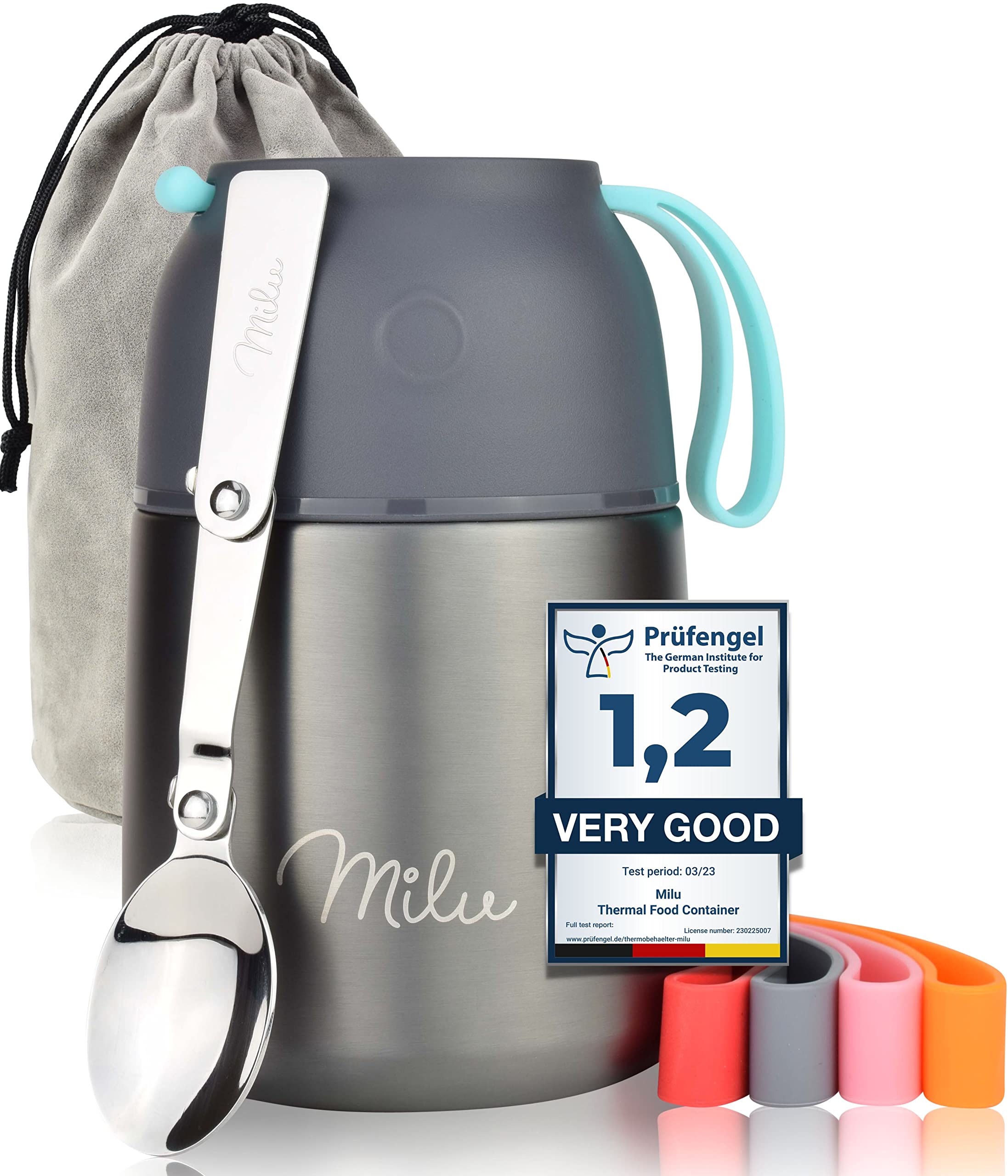 Milu® Thermo Food Flask - 300, 440, 450, 650, 800ml - Stainless Steel Insulated Container - Lunchbox - Jar with Spoon for hot and Cold Food (Grey, 450ml) Grey 450 ml