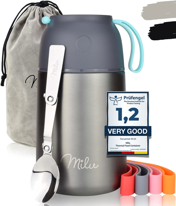 Milu® Thermo Food Flask - 300, 440, 450, 650, 800ml - Stainless Steel Insulated Container - Lunchbox - Jar with Spoon for hot and Cold Food (Grey, 650ml) Grey 650 ml