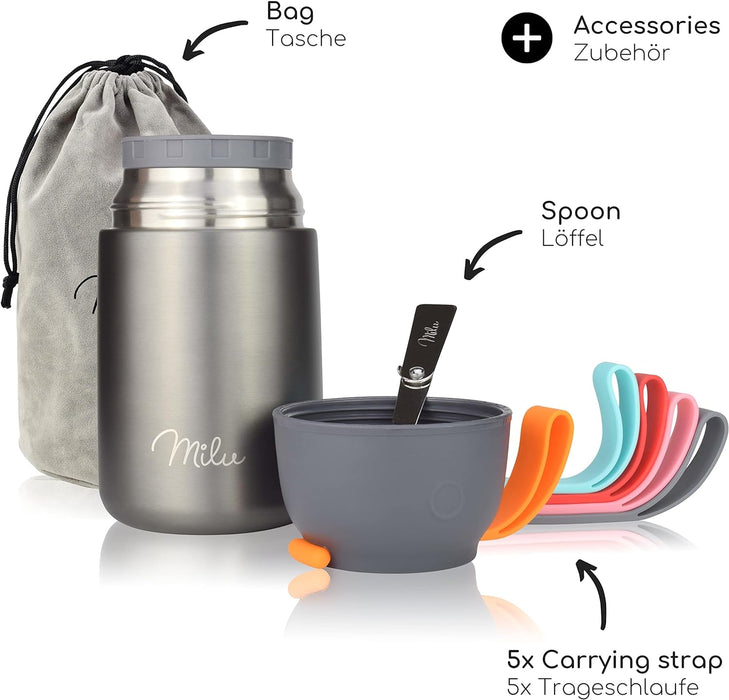 Milu® Thermo Food Flask - 300, 440, 450, 650, 800ml - Stainless Steel Insulated Container - Lunchbox - Jar with Spoon for hot and Cold Food (Grey, 650ml) Grey 650 ml