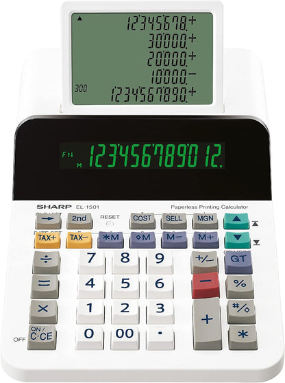 Sharp EL-1501 Display Desktop Calculator (Paper& Ink-Free, 12-Digit and 5-Line LCD Display, Battery Operated) White, 150 mm x 62 mm x 228 mm