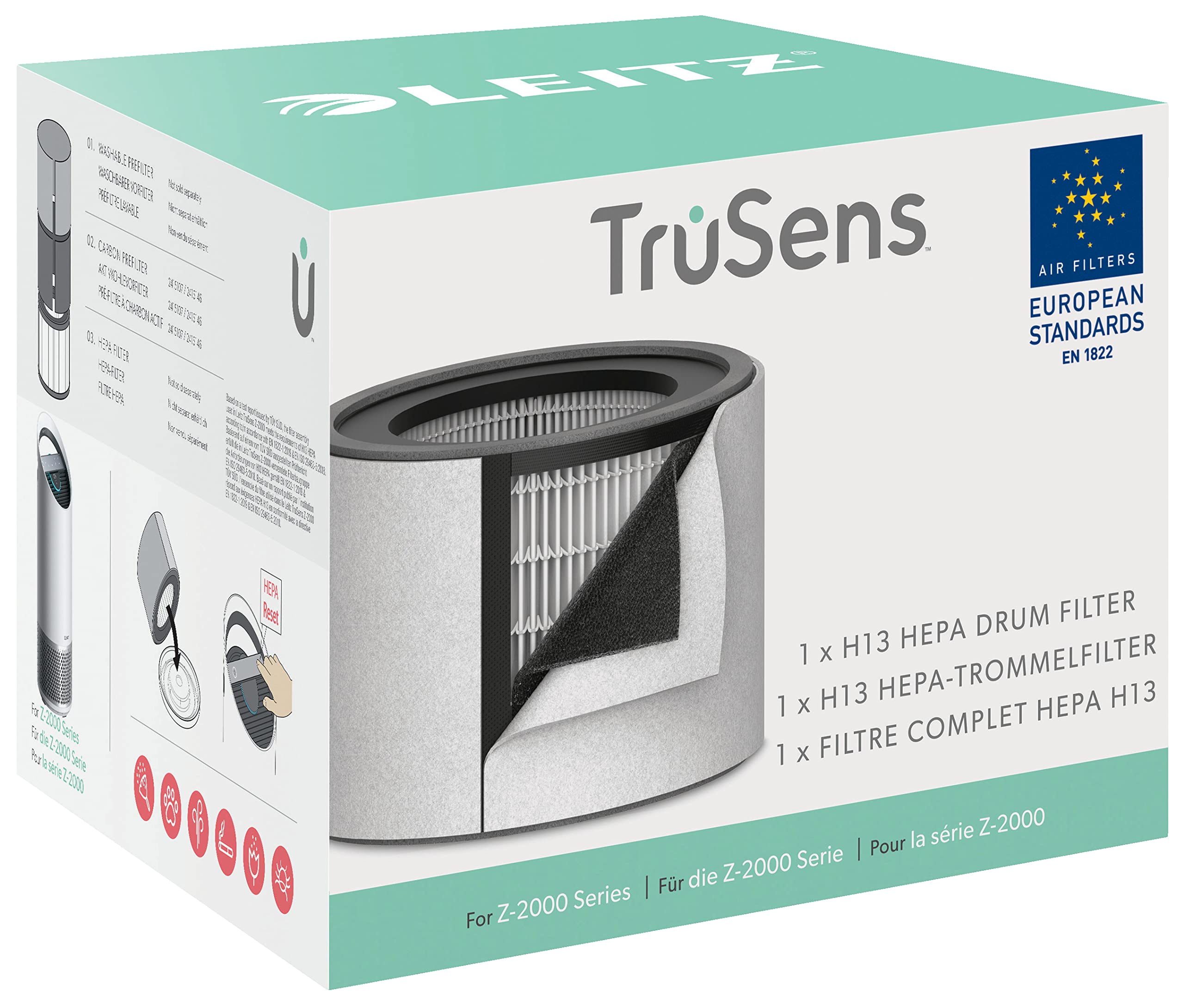 Leitz TruSens Ersatz-3-In-1 H13 HEPA-Filter für den Leitz TruSens Z-2000 Luftreiniger, Entfernt Viren, Allergene, Tierhaare, Staub, Bakterien, Gerüche und Rauch, H13-HEPA-Filter gemäß EN 1822, 2415142 Z-2000 bis 35 m² HEPA-Filter H13