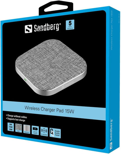Sandberg Wireless Charger Pad 15W | Compatible w Qi Devices | 15W Wireless Charging Pad | Wireless Charger for iPhone 8/8 Plus/X/XR/XS/11/12/13 Pro Max; AirPods; Samsung Galaxy S20/S10/S9/S8 and more