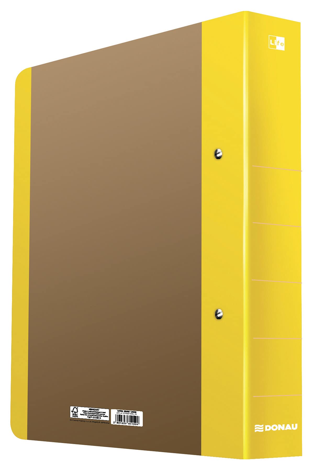 Ring Binder DONAU Life A4/2RD/50mm Yellow/Document Archiving/Type-A4 / 2RD / 50mm / Material-Cardboard/Reinforcement Strip-No Slat Edge/Label-No Label/Colour-Yellow/Format-A4 żółty