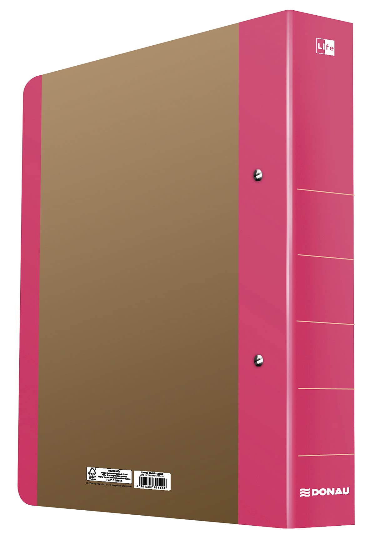 Ring Binder DONAU Life A4/2RD/50mm Pink/Document Archiving/Type-A4 / 2RD / 50mm / Material-Cardboard/Reinforcement Strip-No Slat Edge/Label-No Label/Colour-Pink/Format-A4 różowy