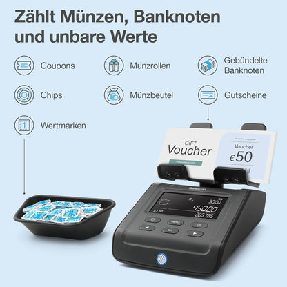 Safescan 6175 Máquina para contar dinero cuenta valor de monedas, billetes, vales y fichas -Cuenta monedas con reconocimiento automático de rollos -Balanza de dinero que guarda resultados del conteo