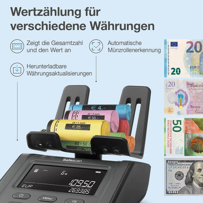 Safescan 6175 Máquina para contar dinero cuenta valor de monedas, billetes, vales y fichas -Cuenta monedas con reconocimiento automático de rollos -Balanza de dinero que guarda resultados del conteo