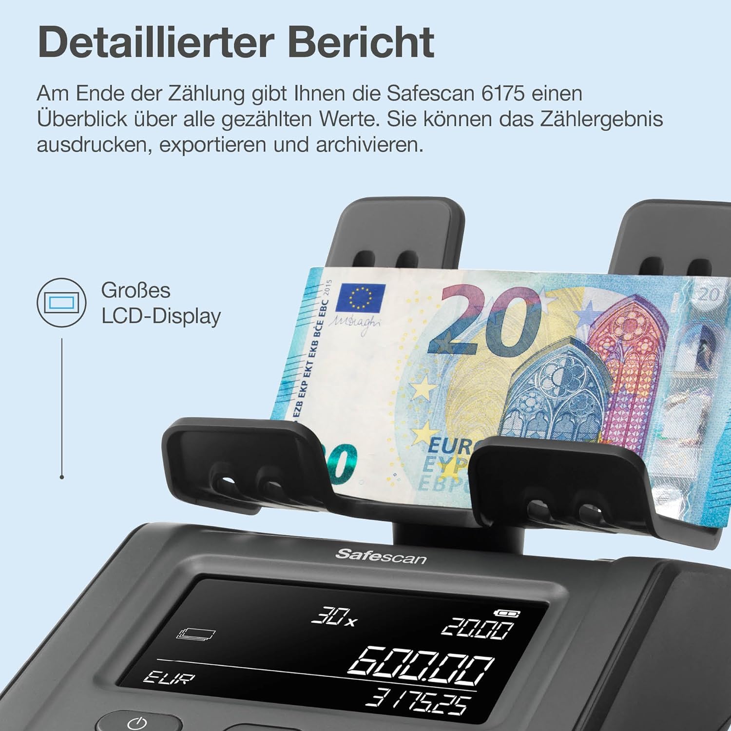 Safescan 6175 Máquina para contar dinero cuenta valor de monedas, billetes, vales y fichas -Cuenta monedas con reconocimiento automático de rollos -Balanza de dinero que guarda resultados del conteo