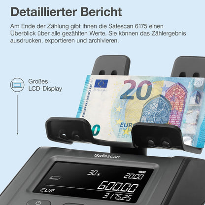 Safescan 6175 Máquina para contar dinero cuenta valor de monedas, billetes, vales y fichas -Cuenta monedas con reconocimiento automático de rollos -Balanza de dinero que guarda resultados del conteo