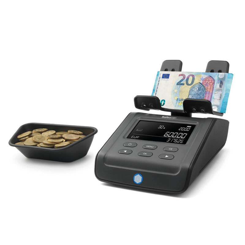 Safescan 6175 Máquina para contar dinero cuenta valor de monedas, billetes, vales y fichas -Cuenta monedas con reconocimiento automático de rollos -Balanza de dinero que guarda resultados del conteo