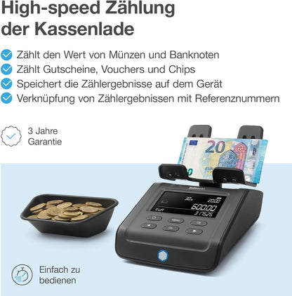 Safescan 6175 Máquina para contar dinero cuenta valor de monedas, billetes, vales y fichas -Cuenta monedas con reconocimiento automático de rollos -Balanza de dinero que guarda resultados del conteo
