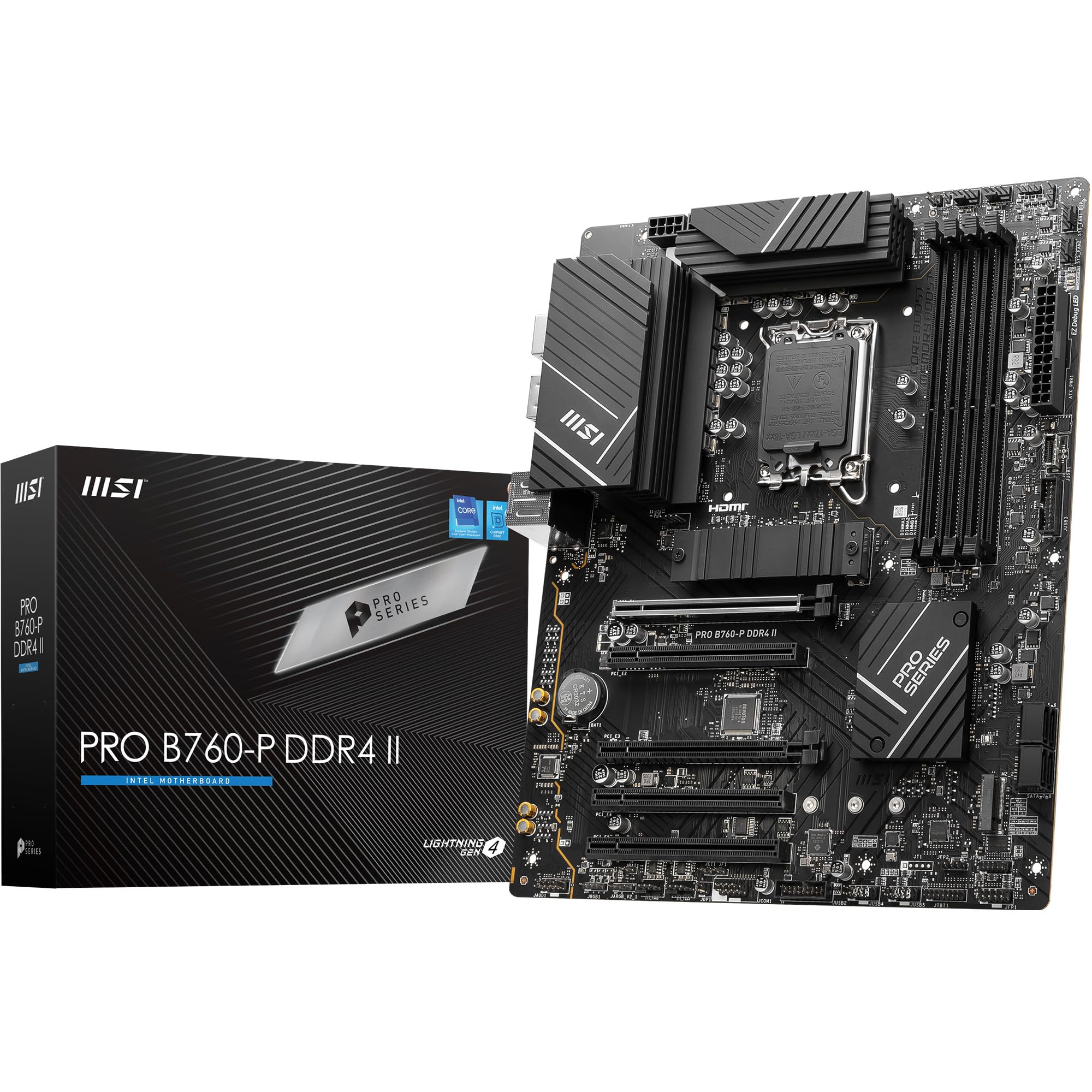 MSI PRO B760-P DDR4 II Motherboard, ATX - Supports Intel 12th & 13th Gen Core Processors, LGA 1700 - DDR4 Memory Boost 5333+MHz/OC, PCIe 4.0 x16 Slots, M.2 Gen4 Slots, 2.5G LAN