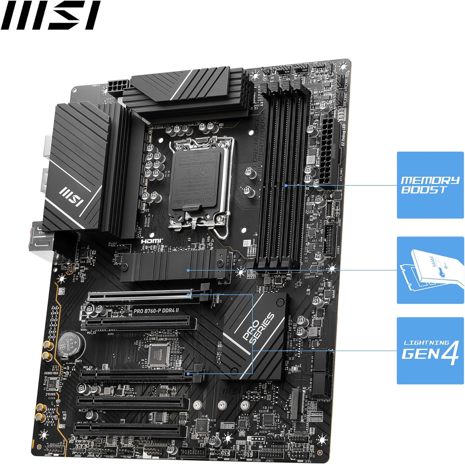 MSI PRO B760-P DDR4 II Motherboard, ATX - Supports Intel 12th & 13th Gen Core Processors, LGA 1700 - DDR4 Memory Boost 5333+MHz/OC, PCIe 4.0 x16 Slots, M.2 Gen4 Slots, 2.5G LAN