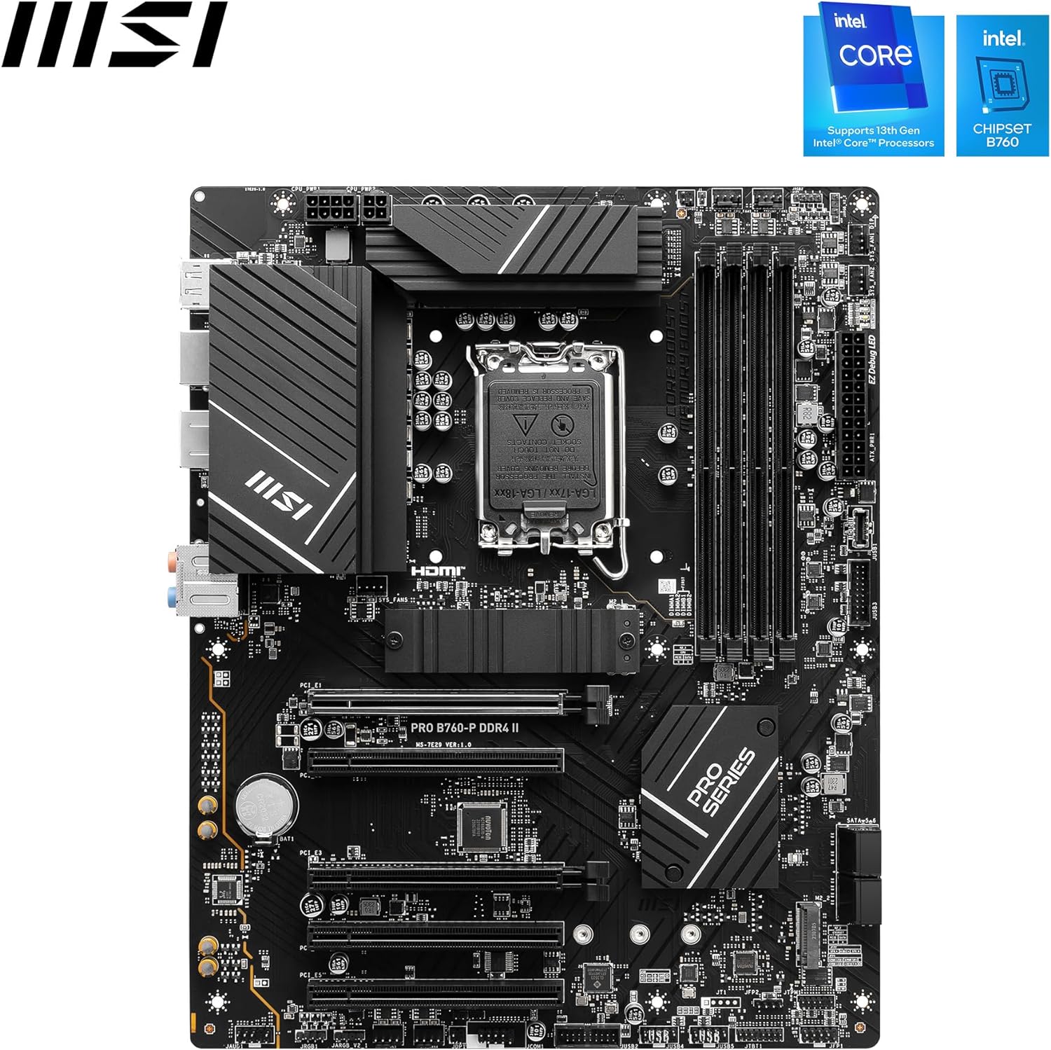 MSI PRO B760-P DDR4 II Motherboard, ATX - Supports Intel 12th & 13th Gen Core Processors, LGA 1700 - DDR4 Memory Boost 5333+MHz/OC, PCIe 4.0 x16 Slots, M.2 Gen4 Slots, 2.5G LAN