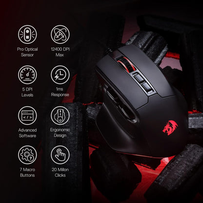 Redragon M806 Bullseye Gaming Mouse, 7 Programmable Buttons Wired RGB Gamer Mouse w/Ergonomic Natural Grip Build, Software Supports DIY Keybinds & Backlit