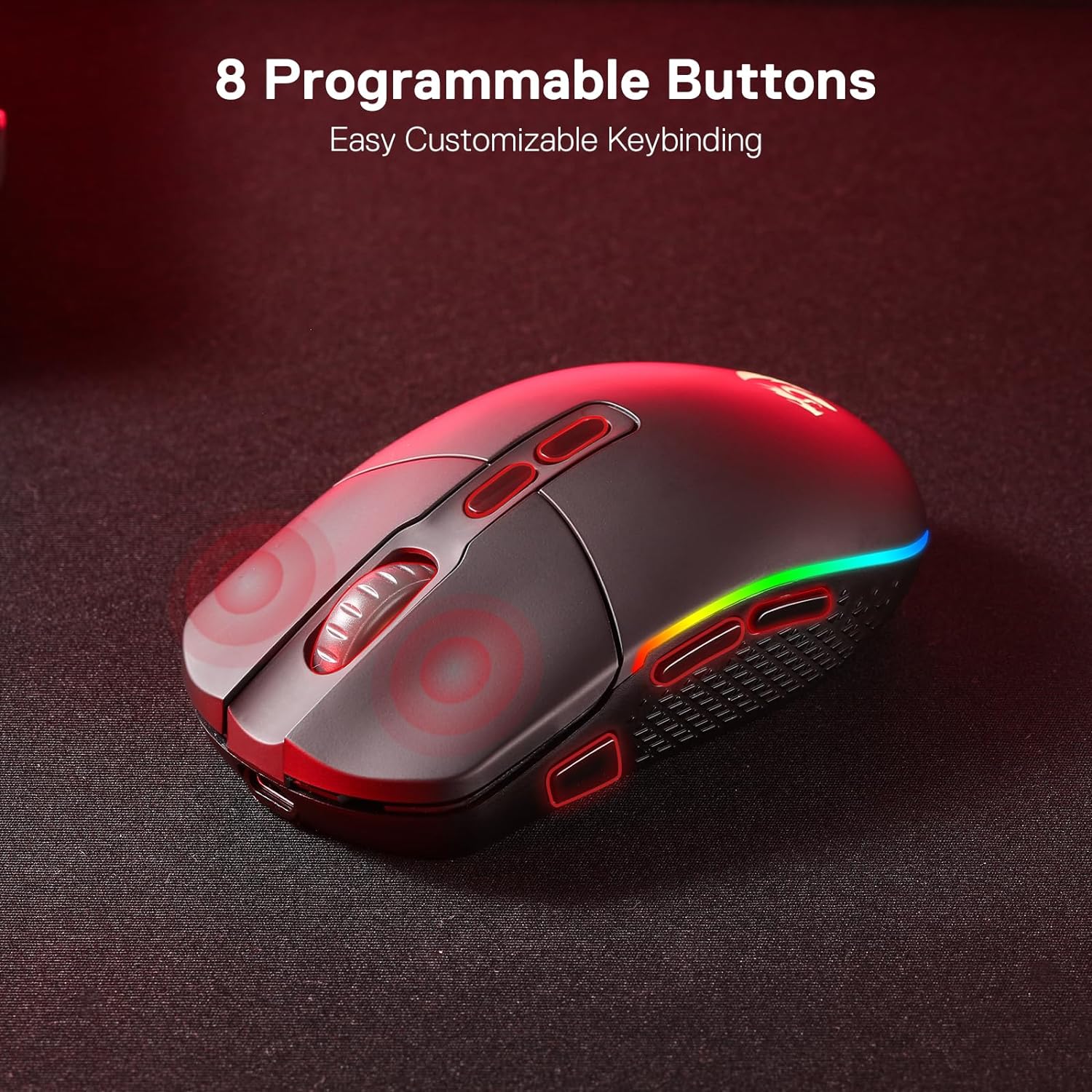 Redragon M719 Pro Wireless Optical Gaming Mouse, 8 Programmable Buttons, RGB Backlit, 10,000 DPI, Ergonomic PC Computer Gaming Mice with Fire Button